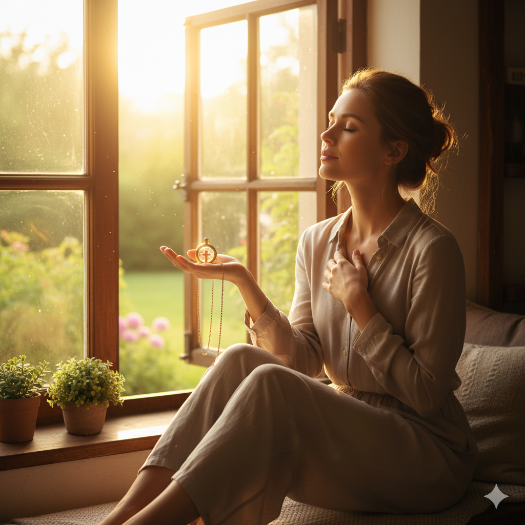 Woman holding a golden cross pendant near window light, feeling peace and faith