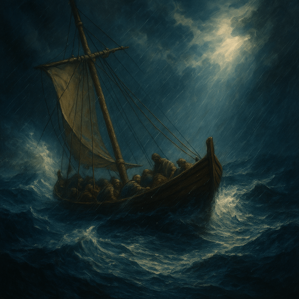 Sailing ship on a stormy sea with dark blue tones